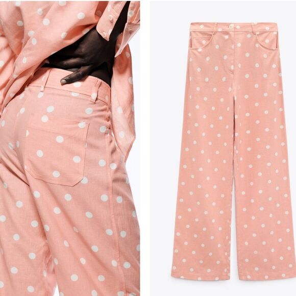 ZARA POLKA DOT LINEN BLEND TROUSERS - Picture 1 of 5